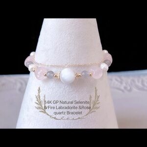 - 14K GP Natural Selenite & Fire Labradorite &Rose Quartz Carved Heart Bra…